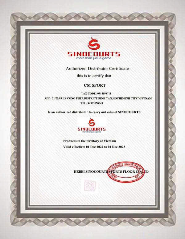 Giấy chứng nhận phân phối ủy quyền (Authorized Distributor Certificate) do công ty SINOCOURTS cấp cho CM SPORT