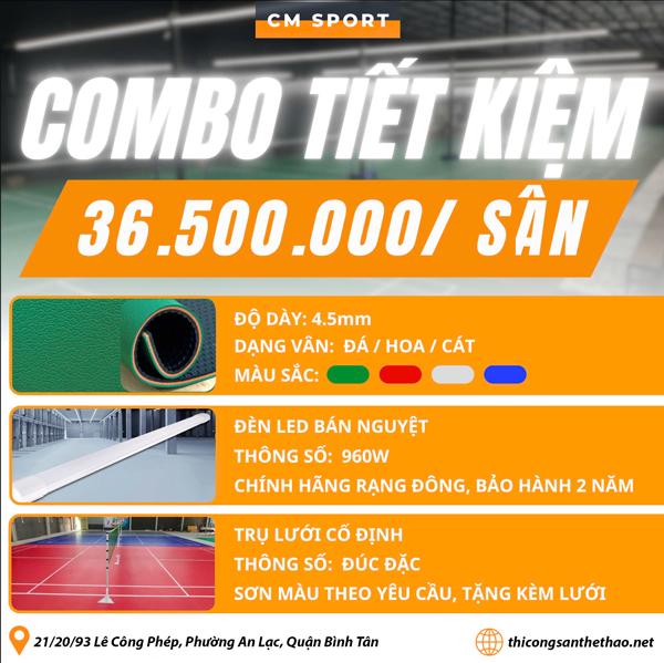 Báo giá gói Combo Tiết Kiệm thi công sân cầu lông của CM Sport - 36.500.000 VNĐ