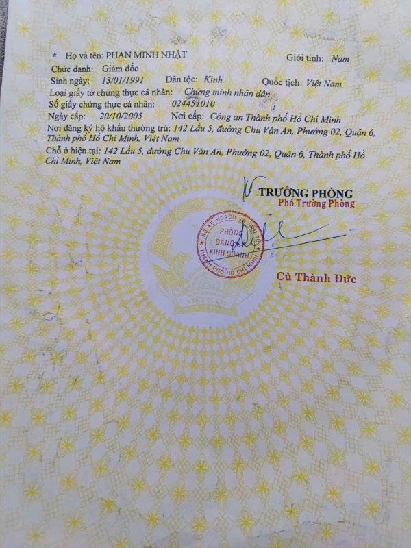 Mặt sau giấy phép kinh doanh thương hiệu CM Sport thuộc Công ty TNHH Shining Sun